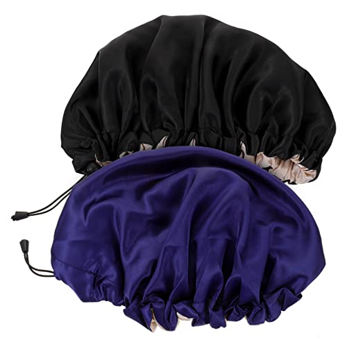 VALICLUD 2 Stück Doppellagige Verstellbare Schlafhaube Duschhaube für Satin Haarhaube zum Schutz Frisur Beim in Schwarz und Dunkelblau für Damen mit Langem Haar von VALICLUD
