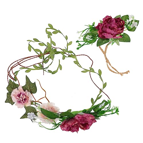 VALICLUD 2 Stück Floral Pearl Braut Kopfschmuck Set Teilig Head Garland Stirnband und Armband für Hochzeit Urlaub Strandfest von VALICLUD