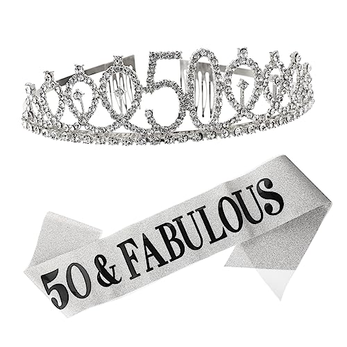 VALICLUD 2 Stück Geburtstag Krone Set Kronen Gürtel Für Frauen Geburtstagskrone Und Etikettegürtel Partyetikettengürtel Damen 50. Tiara Schärpe Hochzeitsdekor Hi Silver von VALICLUD