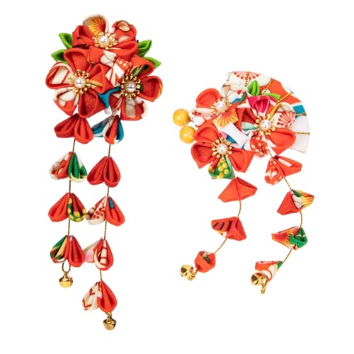 VALICLUD 2 Stück Haarschmuck Im Japanischen Stil Clips Mädchen Haarzubehör Haarklammer Dekorationen Geformt Braut- Haarschmuck Damen Bobby Große Quasten Haarnadel Stoff Rot von VALICLUD