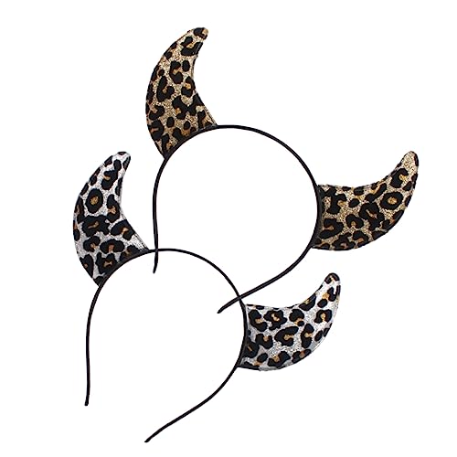 VALICLUD 2 Stück Leopardenmuster Haarreif Ox Horn Haarbänder Damen Leichtes Kostümzubehör für Party Festival Cosplay Druckfest Druckentlastend Gold Silber von VALICLUD