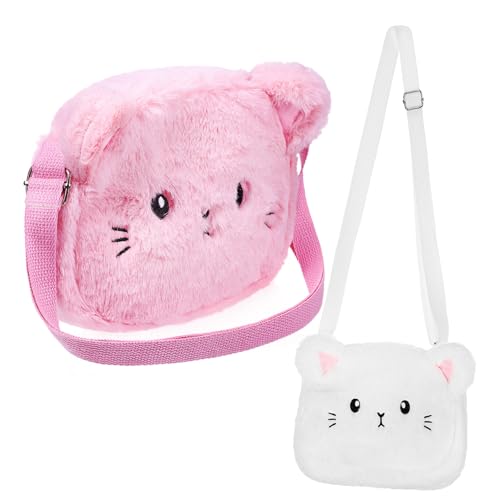 VALICLUD 2 Stück Plüsch Umhängetasche mit Verstellbarem Gurt Niedliche Kleine Schultertasche mit Katzenmotiv Weiche Mini Crossbody Bag für Alltag Reisen und Freizeit von VALICLUD