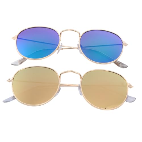 VALICLUD 2 Stück Retro Runde Sonnenbrillen Modische Verspiegelte Gläser Leichte Rahmen in Gold und Unisex für Damen und Herren für Strand und Outdoor aktivitäten von VALICLUD