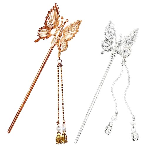 VALICLUD 2 Stück Schmetterling Haarnadeln aus Metall mit Quaste Haarschmuck für Stilvolle Duttfrisuren Gold und Silber für Damen mit Langen Haaren von VALICLUD