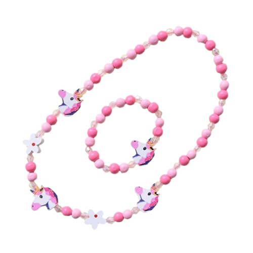 VALICLUD 2 Stück Schmuckset Armband und Halskette aus Holzperlen mit Buntem Einhorn Motiv Elastisch Verstellbar für Kleine Mädchen Party Geburtstag Zubehör von VALICLUD