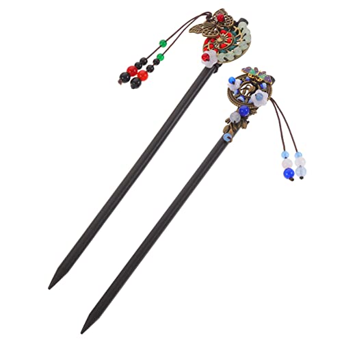 VALICLUD 2 Stück Teiliges Haarschmuck Damen Vintage Haarstäbchen mit Blumen und Quaste Stabiles Holz Haarnadel für Duttfrisuren Geeignet für Alltag Hochzeit und Party von VALICLUD