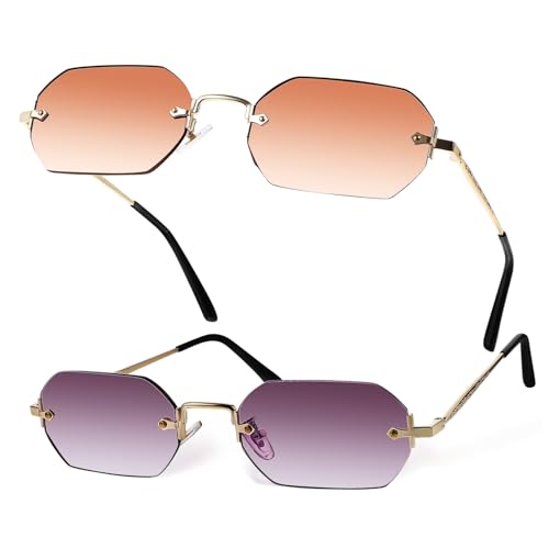 VALICLUD 2 Stück Vintage Randlose Sonnenbrille für Damen Herren Ultraleichtes Metallgestell Verstellbare Nasenpads Modische Unisex Schutzbrille für Outdoor Aktivitäten mit Goldfarbenem von VALICLUD