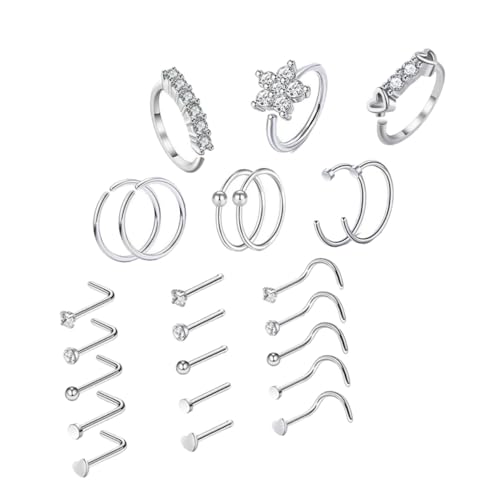 VALICLUD 24 Stück Teiliges Nasenring Edelstahl mit Zirkonia Hypoallergen Rostfrei Modische Nasenpiercing schmuck für Damen Vielseitig Einsetzbar Stilvolle Körperschmuck auswahl von VALICLUD