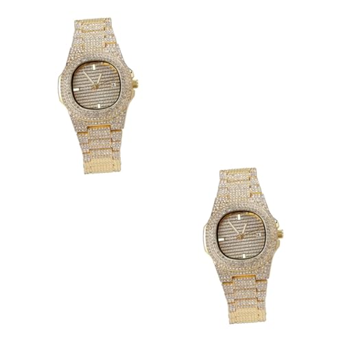 VALICLUD 2stücke Herren Armbanduhr Mit Zirkon-Band Goldene Quarzuhr Im Hip-hop-Stil Modische Armbanduhr Für Besondere Anlässe Für Zu Weihnachten Geburtstag Und Mehr Robuste Und Elegante von VALICLUD