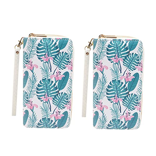 VALICLUD 2stücke Damen Geldbörse Multifunktionale Handtasche Aus Kunstleder Mit Doppelreißverschluss Druckmotiv Mit Blättern Und Blumen Praktisches Portemonnaie Für Karten Und Münzen von VALICLUD