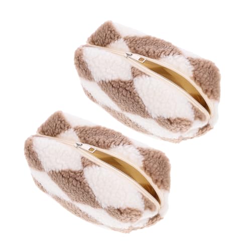 VALICLUD 2stücke Plüsch Schminktasche Mit Reißverschluss Kleine Kosmetiktasche Für Damen Und Mädchen Kariertes Muster Organizer Für Make-up Und Schreibwaren Reisetasche Kulturbeutel von VALICLUD