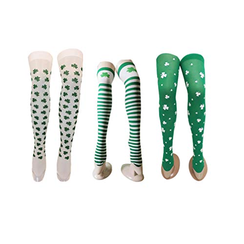 VALICLUD 3 Paare St. Patricks Day Socken Lange Kleeblatt Klee Knie Oberschenkel Hohe Socken Irische Kostümstrümpfe für Frauen Mädchen Cosplay Kostüm Accessoire von VALICLUD