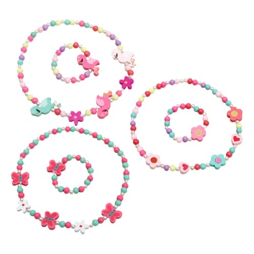 VALICLUD 3 Sätze Teiliges Holzperlen Schmuckset für Armband und Halskette Farbenfrohes Design mit Blumen Flamingo und Schmetterling Modisches Geschenk für Mädchen für Alltag und Party von VALICLUD