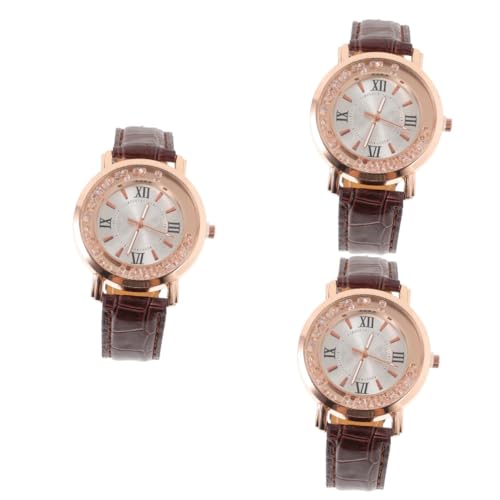 VALICLUD 3stücke Damen Armbanduhr Aus Leder Mit Quarzwerk Und Funkelnden Strasssteinen Elegantes Design Für Freizeit Und Besondere Anlässe Für Stilbewusste Frauen Kaffee-Farbe von VALICLUD