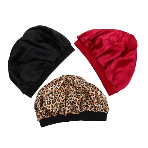 VALICLUD 3 Stück Satin Schlafhaube für Damen Krempe Pflege für Haare Chemokappe zum Schlafen und Duschen Leopard Bordeauxrot von VALICLUD