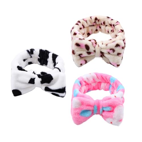 VALICLUD 3stücke Teiliges Bowknot Haarband Für Elastisches Kosmetik-stirnband Fleece Für Gesichtswäsche Makeup Und Yoga Rosa Weiß Und Leopardenmuster von VALICLUD