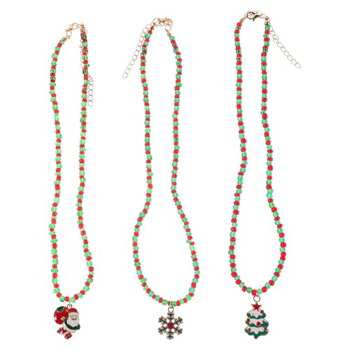 VALICLUD 3-teiliges Weihnachts-Perlen-Halsketten-Set mit Weihnachtsmann, Schneeflocke, Weihnachtsbaum-Anhänger, Halsband, rot-grüne Perlen, Schmuck für Weihnachtsfeiern von VALICLUD