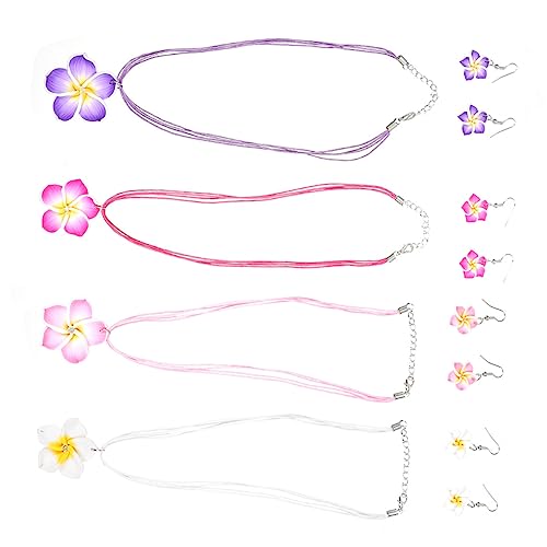 VALICLUD 4 Sätze Teiliges Clay Plumeria Schmuckset mit Halskette und Ohrringen Handgefertigt Farbenfrohe Hawaii Blüten für Strandparty und Besondere Anlässe Leicht und zu Tragen von VALICLUD