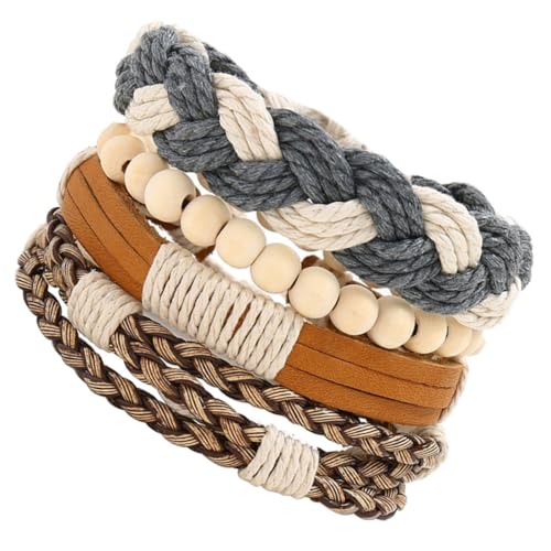 VALICLUD 4 Stück Geflochtenes Lederarmband mit Holzperlen Modische Herren Damen Armbänder Verstellbar Lässiger Schmuck für Alltag Party Urlaub und Freizeit von VALICLUD