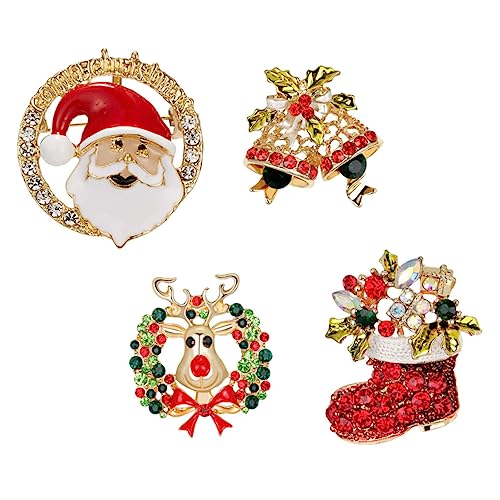 VALICLUD 4 Stück Weihnachtliche Broschen Legierung mit Glöckchen Schleife und Weihnachtsmann Bunte Anstecknadeln für Kleidung Taschen Mützen Festliche Accessoires für Party und Alltag von VALICLUD