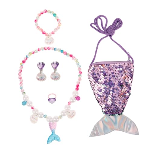 VALICLUD 6stücke Teiliges Meerjungfrau Schmuckset Für Mädchen Mit Muschel Halskette Armband Ring Ohrringe Meerjungfrau Tragetasche Für Rollenspiele von VALICLUD