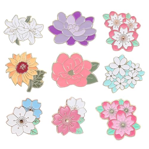 VALICLUD 9 stücke Blumen Brosche Pflanze Emaille Pin Cartoon Pflanze Ästhetischen Revers Kirschblüten Abzeichen Für Frauen Mädchen Kleid Corsage Jacken Rucksäcke von VALICLUD