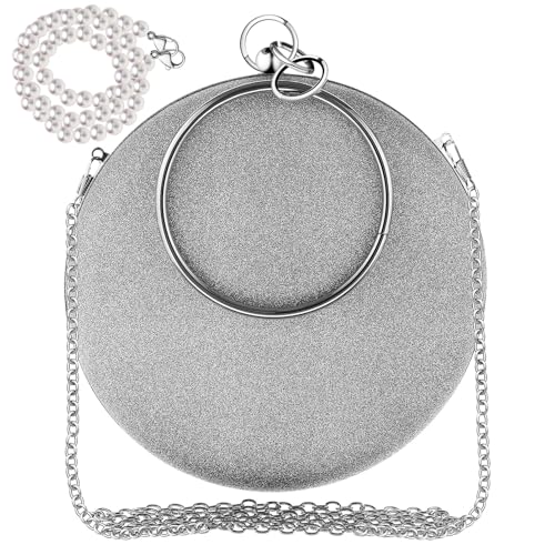 VALICLUD Abnehmbare Perlenkette Abendtasche Damen Runde Clutch Elegant Partyhandtasche für Hochzeit und Cocktail Silbergrau Weiß Handtaschen von VALICLUD