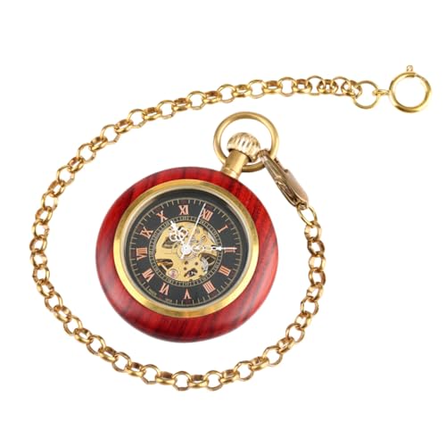VALICLUD Antike Taschenuhr Herren Retro Mechanisch mit Römischen Ziffern Rotbrauner Holzmaserung Langlebiges Legierungsglas Vintage Uhr für Senioren und von VALICLUD