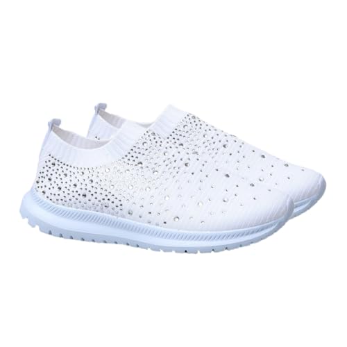 VALICLUD Atmungsaktive Damen Sportschuhe Weiß mit Strass Stabiler Absatz rutschfeste Sohle Bequeme Netzstoff Sneaker für Freizeit und Sport von VALICLUD