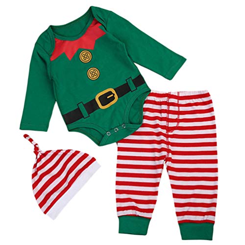 VALICLUD Baby Boy Mädchen Weihnachten Outfit Strampler Streifen Overall Elf Langarm Strampler Nachtwäsche Pyjama Kleidung mit Hut Größe 90 von VALICLUD