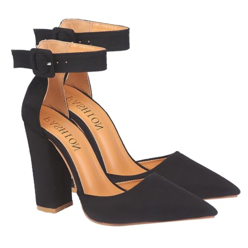 VALICLUD Buckle Pumps Damen mit Klobigem Absatz Spitz Zulaufende Schuhe Eleganter rutschfeste Sohle Modische Absätze für Arbeit Party Hochzeit Shopping Schwarz von VALICLUD