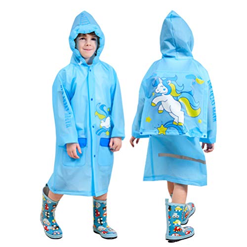 VALICLUD Cartoon Regenmantel Eva Regen Poncho Kinder Camping Poncho mit Schultasche Abdeckung für Studenten (Blau Einhorn Muster) von VALICLUD