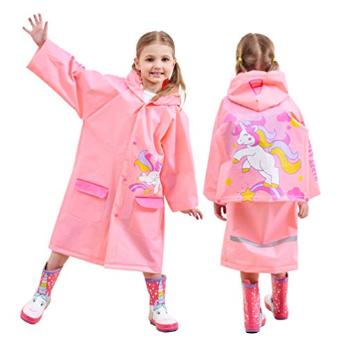 VALICLUD Cartoon Regenmantel Eva Regen Poncho Kinder Camping Poncho mit Schultasche Abdeckung für Studenten (Rosa Einhorn Muster) von VALICLUD