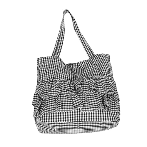 VALICLUD Checkered Canvas Tote Bag mit Rüschenbesatz Große Damen Schultertasche aus Robustem Canvas Stilvoller und Vielseitiger Einkaufstasche für Arbeit Schule und Freizeit Schwarz von VALICLUD