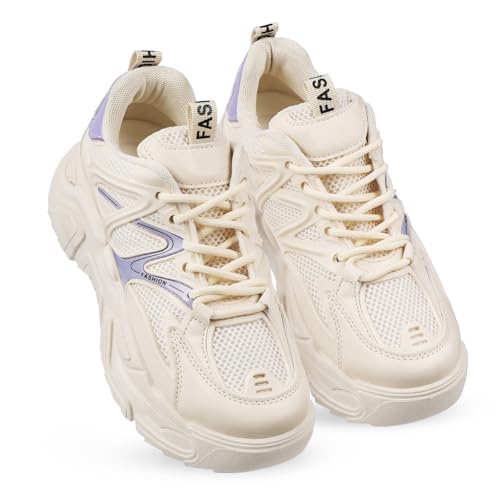 VALICLUD Chunky Sneakers Damen mit Dicker Sohle rutschfeste Sportschuhe aus Strapazierfähigem PU Modische Vielseitige Freizeitschuhe für Alltag und Outdoor Beige von VALICLUD