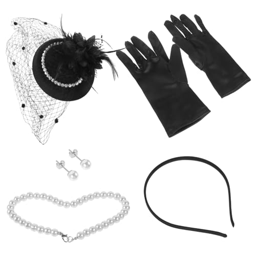 VALICLUD Damen Fascinator Perlenschmuck Set Teeparty Zubehör Hut Und Handschuhe Set Für Frauen Accessoires Flapper Teeparty Stirnband Haaraccessoires von VALICLUD