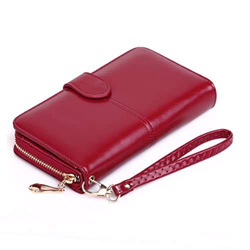VALICLUD Damen Geldbörse Aus Ö Wachsem Lange Handtasche Mit Reißverschluss Und Druckknopf Kartenhalter Für Alltag Und Freizeit Weinrot von VALICLUD