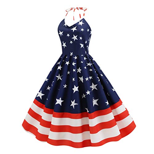 VALICLUD Damen Half Amerikanische Flagge Kleid Sterne Streifen Patriotische Kleid für Frauen Rockabilly 1950Er Jahre Halfter Kleid (Größe XXL) von VALICLUD