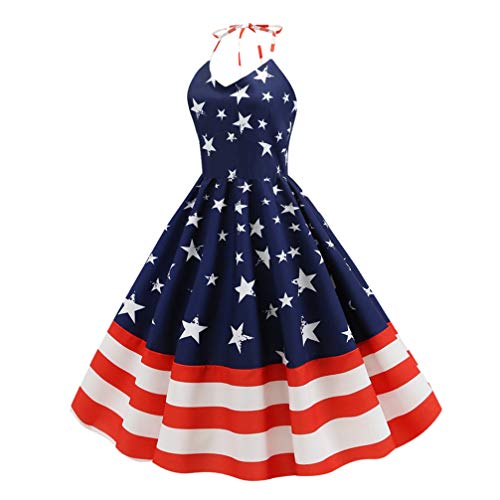 VALICLUD Damen Halfikane Amerikanische Flagge Kleid Sterne Streifen Patriotische Kleid Für Frauen Rockabilly 1950Er Jahre Halber Kleid (Größe L) von VALICLUD