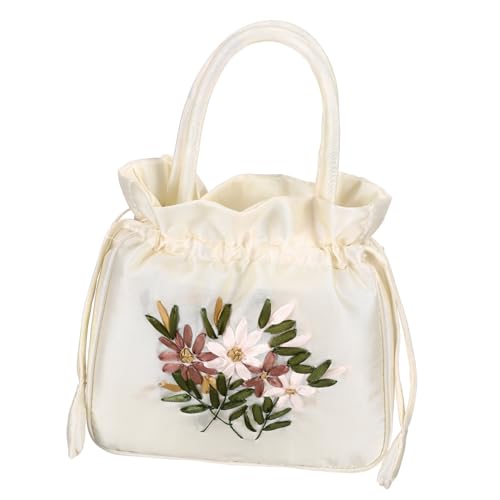 VALICLUD Damen Handtasche mit Zugband Kleine Weiße Satin Bucket Bag Bestickte Clutch mit Komfortablem Henkel Stilvolle Umhängetasche für Alltag und Besondere Anlässe von VALICLUD