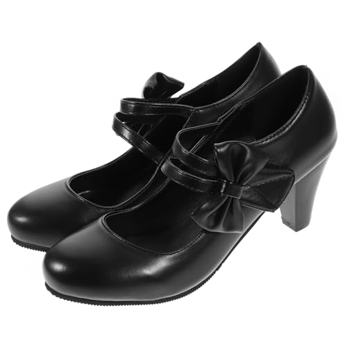 VALICLUD Damen High Heels mit Schleife Grobem Absatz Rutschfester Sohle Modisch und Komfortabel Geeignet für Partys Büro Hochzeit Cocktail und Alltag Schwarz von VALICLUD