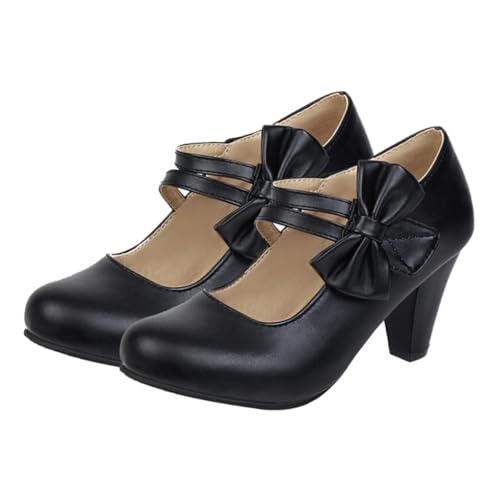 VALICLUD Damen High Heels mit Schleifen Design Grober Absatz rutschfeste Sohle Komfortabel und Langlebig für Langes Tragen Modische Damenschuhe Schwarz von VALICLUD