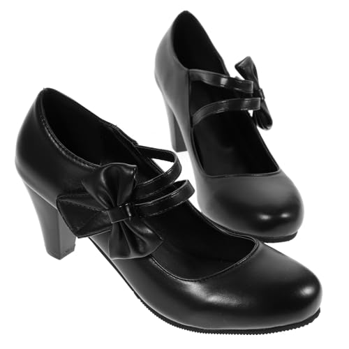 VALICLUD Damen High Heels mit Schleifen Detail Grober Absatz Eleganter Leichter Einstieg rutschfeste Sohle Modische Pumps für Party und Alltag Schwarze Schuhe von VALICLUD