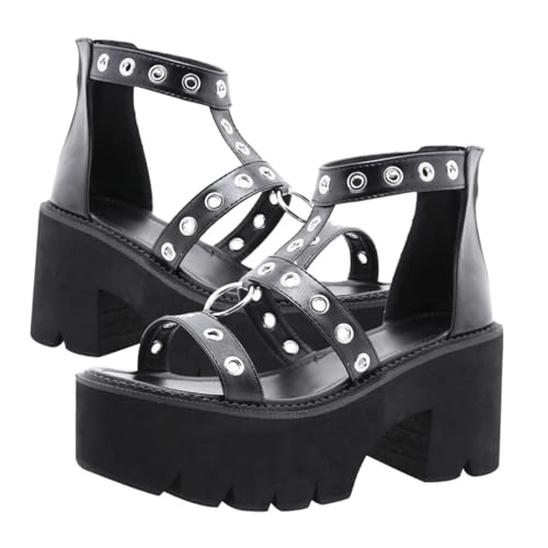 VALICLUD Damen High heel Sandalen mit Hohlem Metallring Offene Zehen Modische Sommer Plateau Schuhe Rutschfeste Sohle Leicht und Bequem für Partys und Hochzeiten Schwarz von VALICLUD