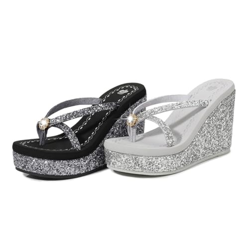 VALICLUD Damen High heeled Sandaletten mit Glitzersteinen Modische Sommerschuhe für Strand und Freizeit Rutschfest Atmungsaktiv Elegant zu Kleidern und Hosen Silberfarben von VALICLUD