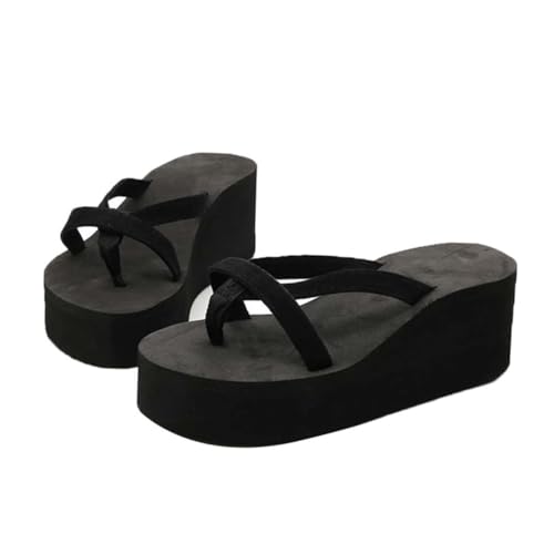 VALICLUD Damen Keilabsatz Sandalen Sommer Flops Anti rutsch Strand Slippers Absatzhöhe Schwarz Leicht und Angenehm für Freizeit und Outdoor von VALICLUD
