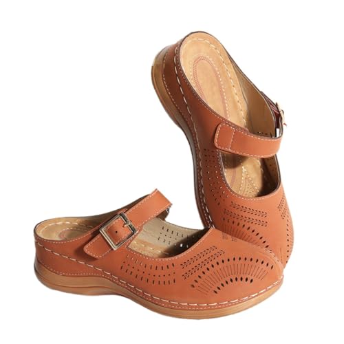 VALICLUD Damen Keilabsatz Sandalen Vintage Stil Bequeme Hausschuhe Mittelhoher Absatz Freizeit Schuhe Braun von VALICLUD