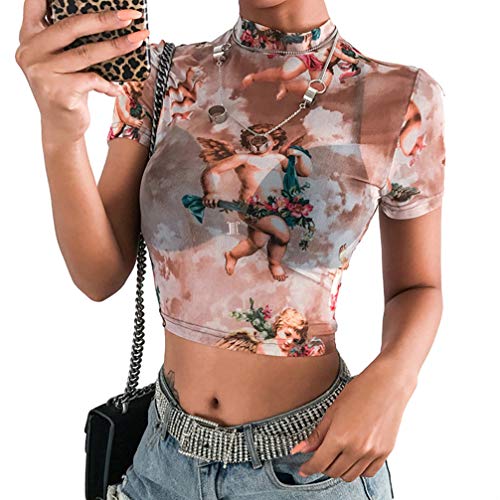 VALICLUD Damen Oberteile Durchsichtige Oberteile mit Durchsichtiger Masche T-Shirt mit Engelsdruck Netzstrümpfe mit Kurzen Ärmeln Top-L-Beige von VALICLUD