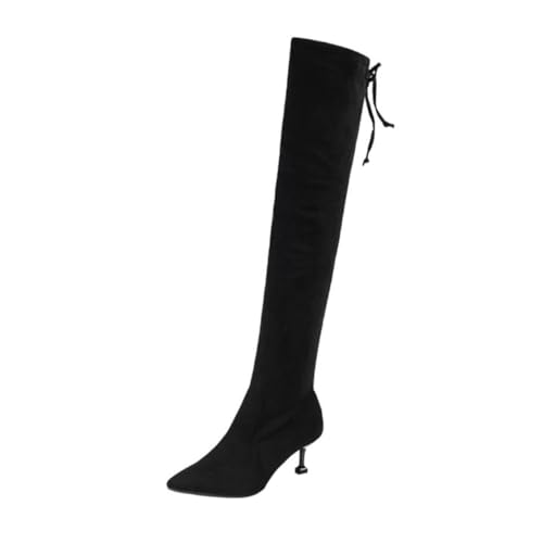 VALICLUD Damen Overknee Stiefel aus Wildleder mit Absatz Spitze Zehen Warme Herbst Winter Boots Modische Bequeme Langschaft Schuhe für Frauen Schwarz von VALICLUD