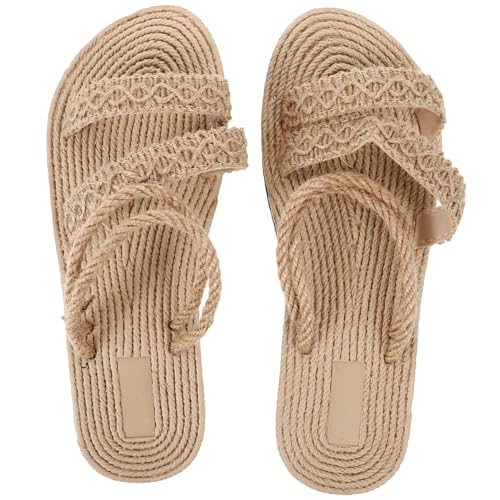 VALICLUD Damen Sandalen Flach Sommer Strand Pantoletten mit Natürlichem Gewebtem Hanfboden Atmungsaktiv Modisch Geeignet für Alltag Urlaub und Freizeit Beige von VALICLUD